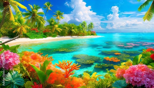 a breathtaking painting of a paradise on earth depicting a lush tropical island teeming with vibrant coral reefs  © Lucia