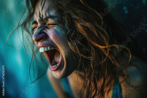 A person with a mental health condition, screaming, facial distort, Woman Shouting, Intense Emotion in Profile View, Vocal Expression of Passion