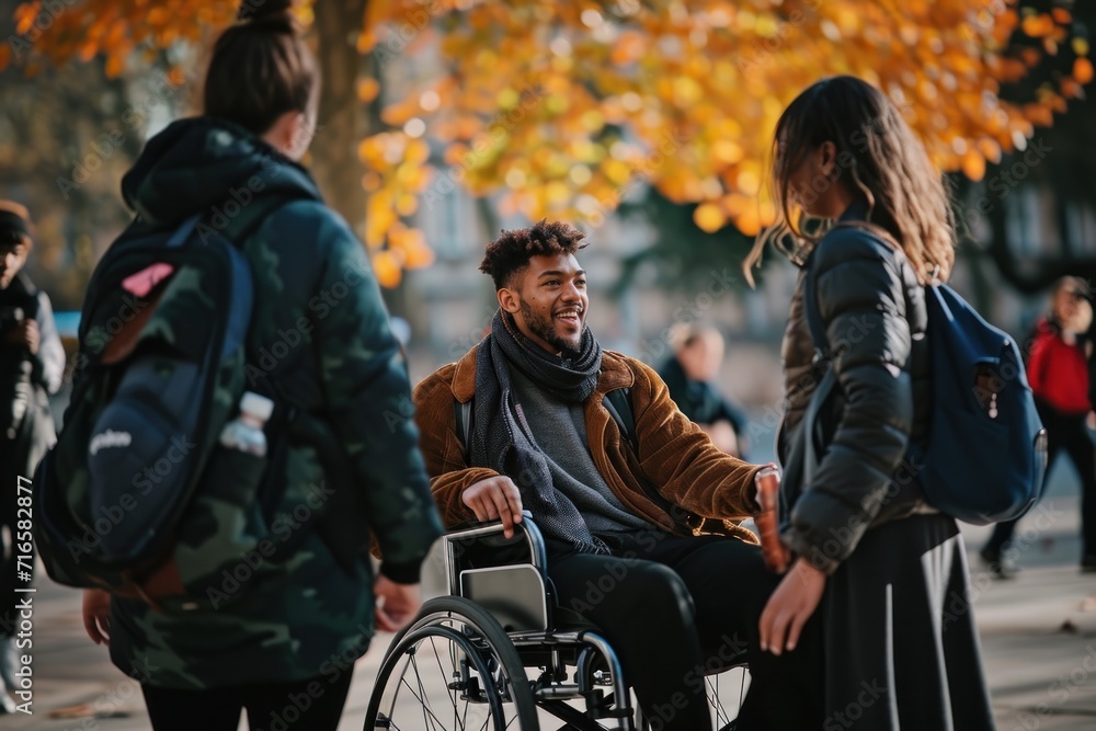 a wheelchair user interacting with others,  Integration of people with disabilities. Accessibility and Inclusion in Everyday Life concept.