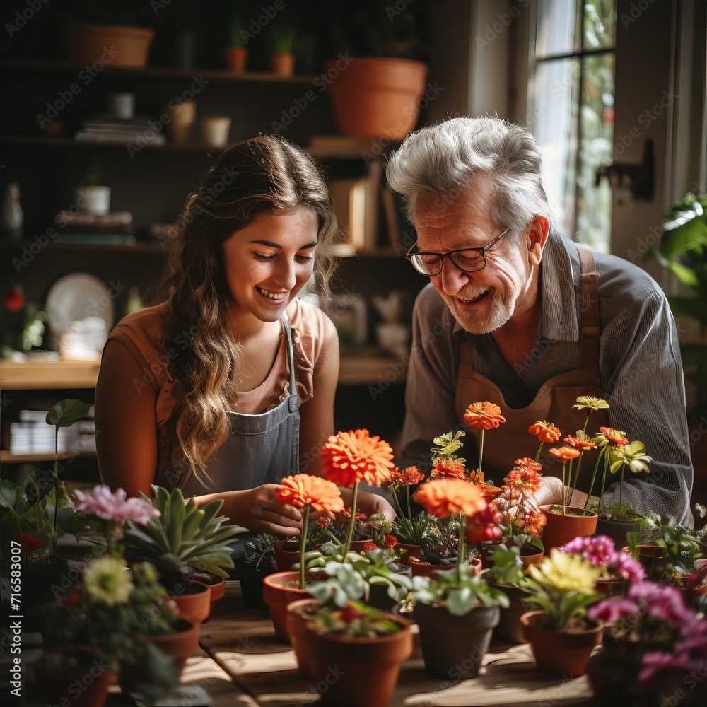 Grandfather and daughter plant flowers in a warm and cozy environment. Concept: retirement, leisure with family, growing plants and gardening
