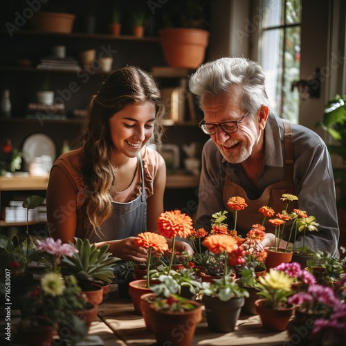 Grandfather and daughter plant flowers in a warm and cozy environment. Concept: retirement, leisure with family, growing plants and gardening  © Marynkka_muis
