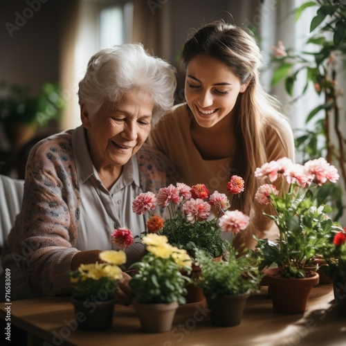 Granddaughter and grandmother plant flowers in a warm and cozy environment. Concept: retirement, leisure with family, growing plants and gardening  © Marynkka_muis