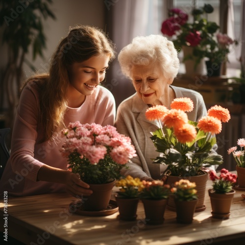 A grandmother and a female volunteer plant flowers together in a warm and cozy environment. Concept: communication between generations. The age difference helps a pensioner grow plants.  © Marynkka_muis