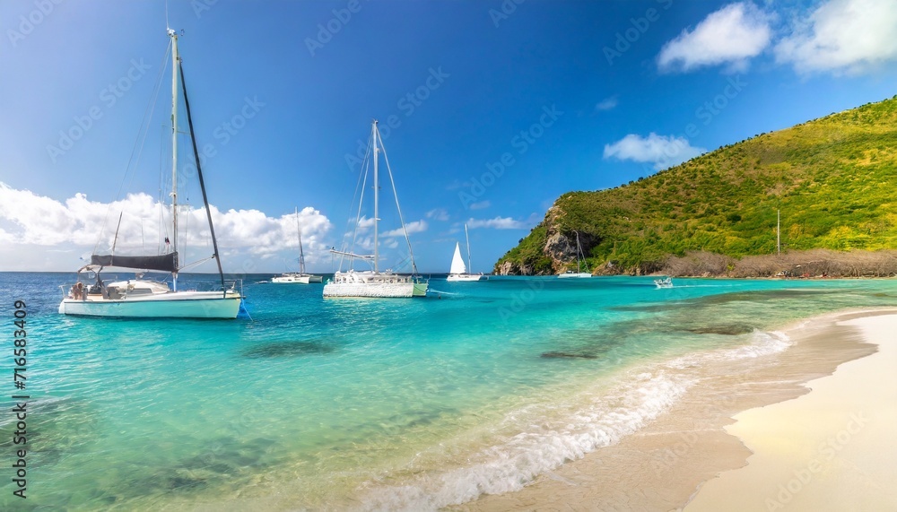 catamarans and boats in salt whistle bay on mayreau tropical island sailing caribbean travel concept