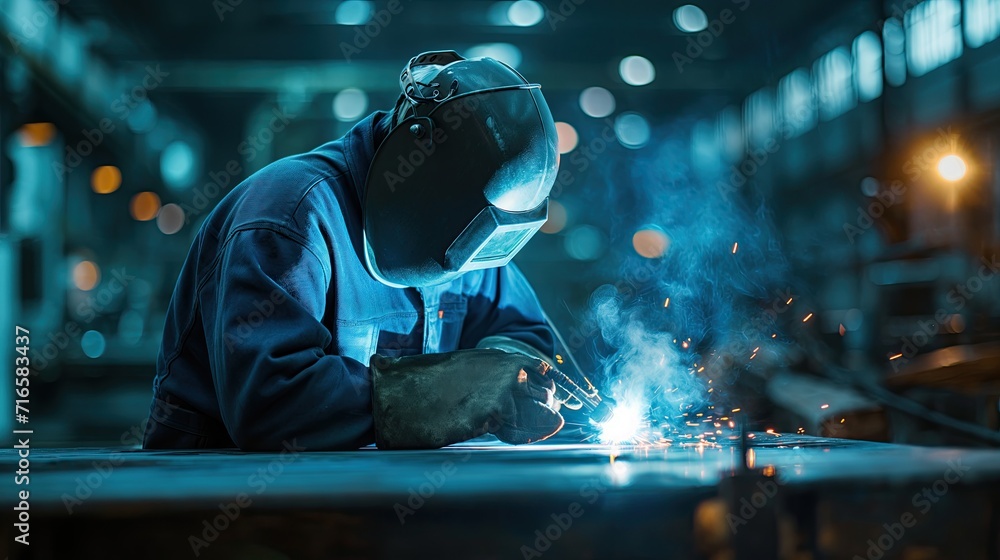 Male welder in welder's helmet welding parts