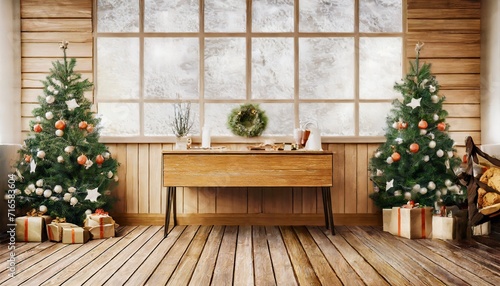 wider view of wooden desk with christmas decor at home in winter comeliness © Heaven