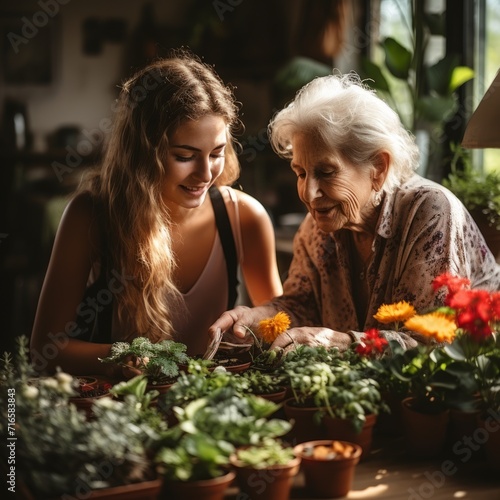 An elderly woman and a female volunteer plant flowers together in a warm and cozy environment. Concept: communication between generations. The age difference helps a pensioner grow plants.  © Marynkka_muis
