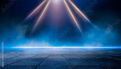 stage shows dark blue background an empty dark scene laser beams neon spotlights reflecting on the asphalt floor and a studio room with smoke floating up a night view of the street the city photo