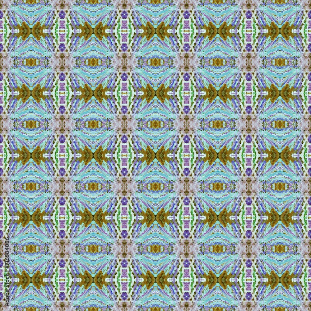 Shibori pattern. Ikat textile. Tie dye print. Multicolored seamless stencil. Moroccan tile. Folk geometric ornament. Japanese shibori pattern. Watercolor batik paint, silk fabric. Ethnic carpet motif
