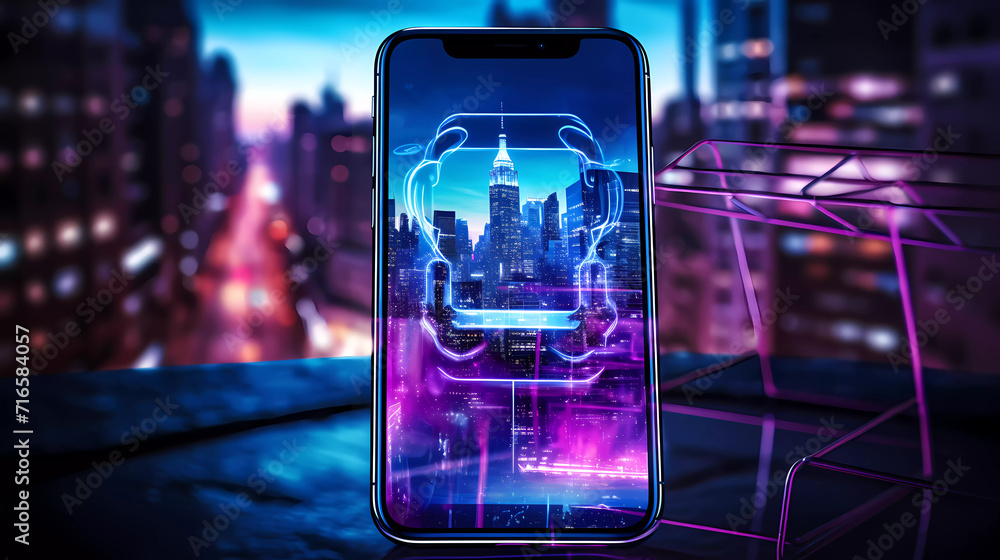 A smartphone with a lock on it in front of a cityscape at night with neon lights and a glowing background A smartphone with a lock on it in front of a cityscape at night with neon lights and a glowing background