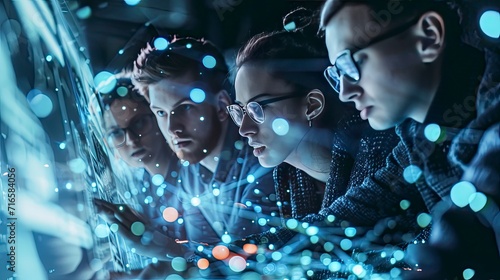 A team of programmers huddled around a holographic screen, lines of code swirling like constellations, collaborating to solve a global challenge.