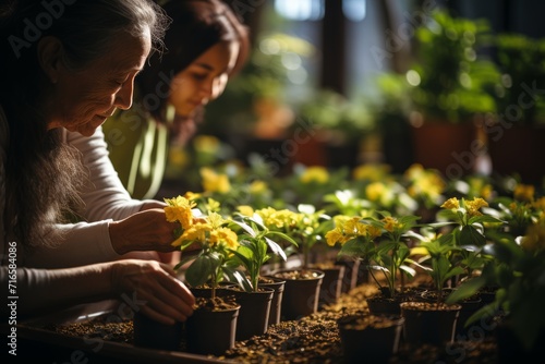An elderly woman and a female volunteer plant flowers together in a warm and cozy environment. Concept: communication between generations. The age difference helps a pensioner grow plants.
 photo