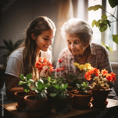 An elderly woman and a female volunteer plant flowers together in a warm and cozy environment. Concept: communication between generations. The age difference helps a pensioner grow plants.
