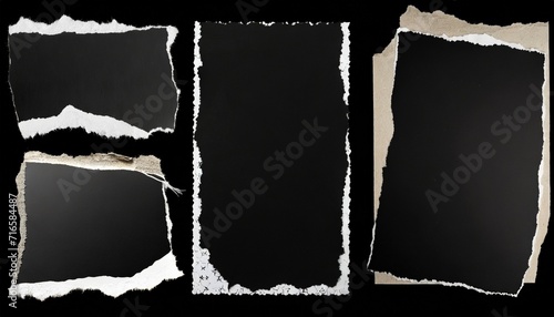 set of black torn ripped paper pieces edges cards isolated on black background cardboard overlay texture photo