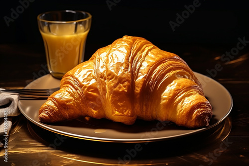 croissant golden colour strewed by sugar for a breakfast and pleasant tea drinking