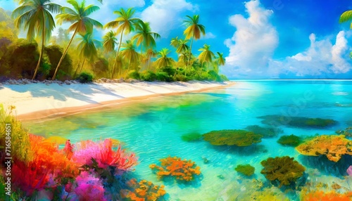 a breathtaking painting of a paradise on earth depicting a lush tropical island teeming with vibrant coral reefs  © Paris