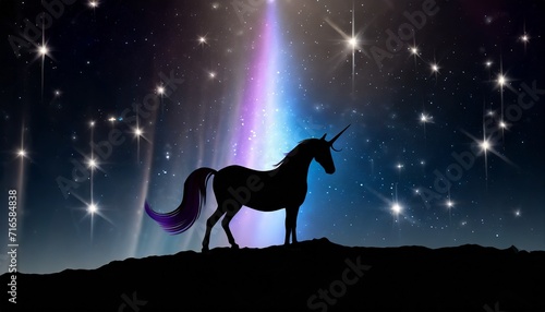 an unicorn silhouette in a magic place with stars and holographic lighting on a dark background 