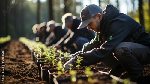 A group of volunteers is planting trees in forests and meadows to restore nature. Concept: the activities of eco-activists to restore vegetation 