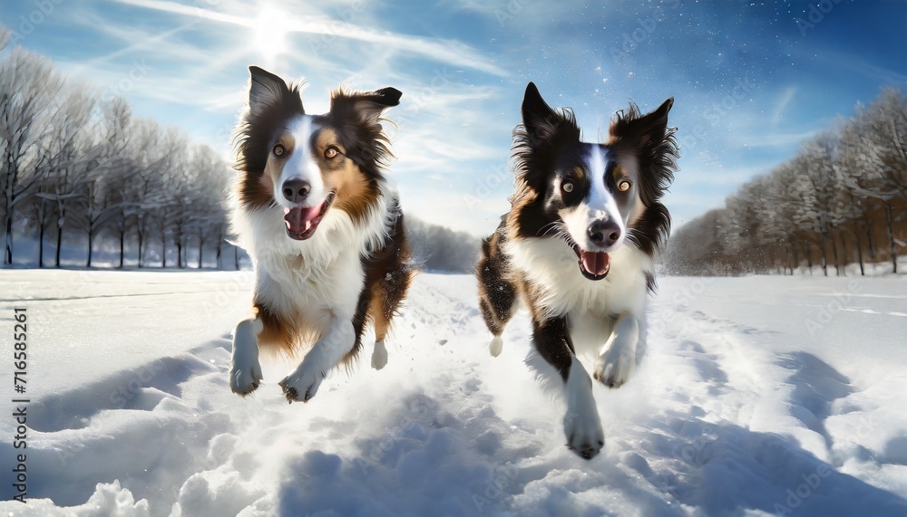 two border collie dogs running in the snow on a winter day
