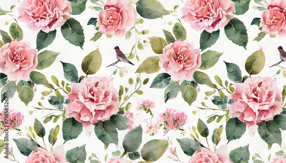 seamless floral watercolor pattern with garden pink flowers roses leaves birds branches botanic tile background