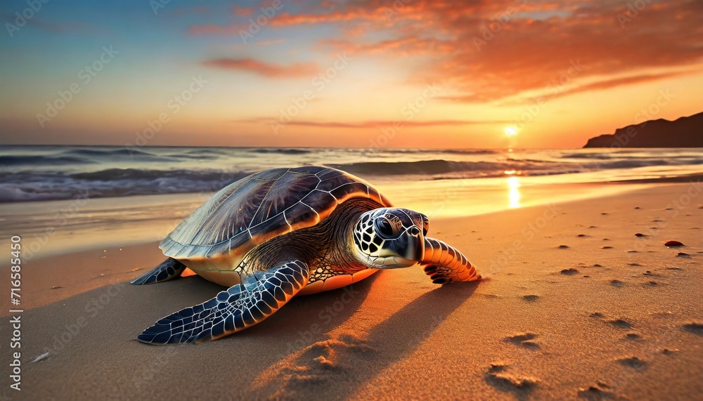 beautiful sea turtle on the beach in sunset made with ai Stock ...