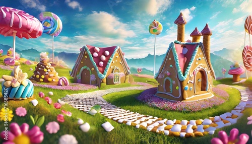  illustration of a sweet and magical world with candy land landscape and gingerbread fantasy house