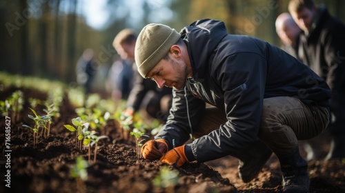 A group of volunteers is planting trees in forests and meadows to restore nature. Concept: the activities of eco-activists to restore vegetation  © Marynkka_muis