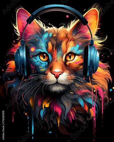 Psychedelic t-shirt design of a colorful cat listening to music on a black background