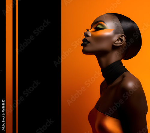 Fashion editorial Concept. Stunning black woman high fashion striking shiny orange gold glitter shimmer sparkle makeup. illuminated dynamic composition and dramatic lighting. copy text space