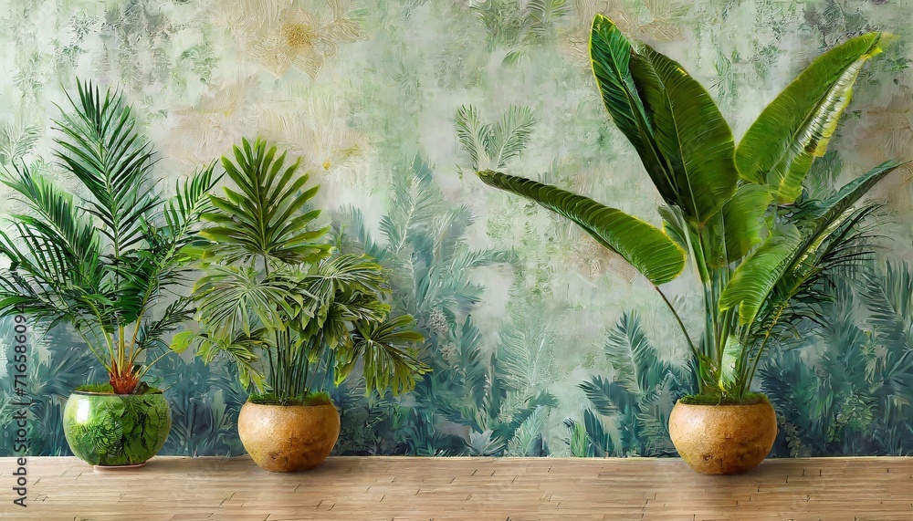 tropical plants and trees on a textural background photo wallpaper in the interior