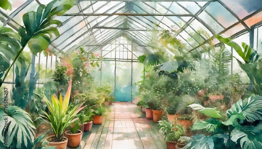 greenhouse with tropical plants art drawing in pastel style with texture watercolor background photo wallpaper