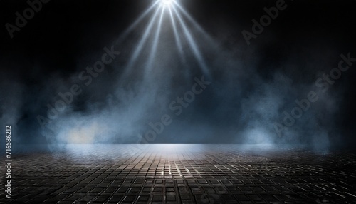 dark stage shows studio room dark scene neon light and spotlights black diamond plate texture iron sheet floor and smoke floating up the interior surface for display products