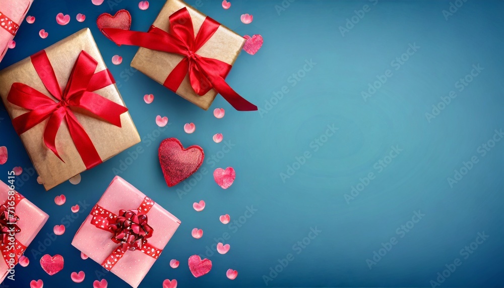 a blue background with pink baked hearts gift boxes with red ribbons and decor atemplate with copy space