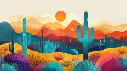 colorfull arizona desert with cactus, mountains and sun - AI Generated Abstract Art photo