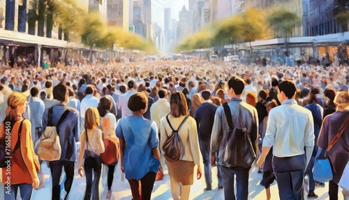painting of crowd of people in the city 