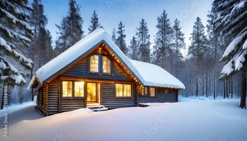 a cozy wooden cabin cottage chalet house covered in snow in winter forest with the lights turn on