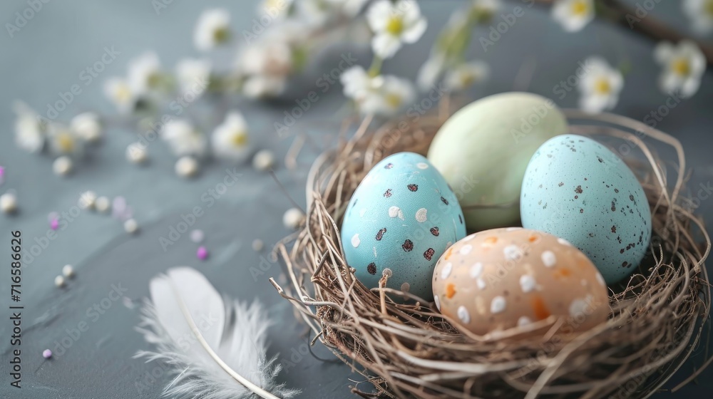 Easter composition natural twig nest cradling speckled easter eggs adorned with delicate feathers on a gray slate background. Easter card with copy space