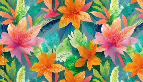 a floral fabric design or wallpaper the flowers are in shades of pink orange and yellow the leaves are in shades of green and blue the exotic plants have repeating patterns 