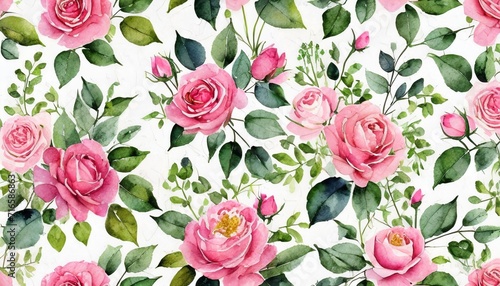 seamless floral watercolor pattern with garden pink flowers roses leaves branches botanic tile background #716586863