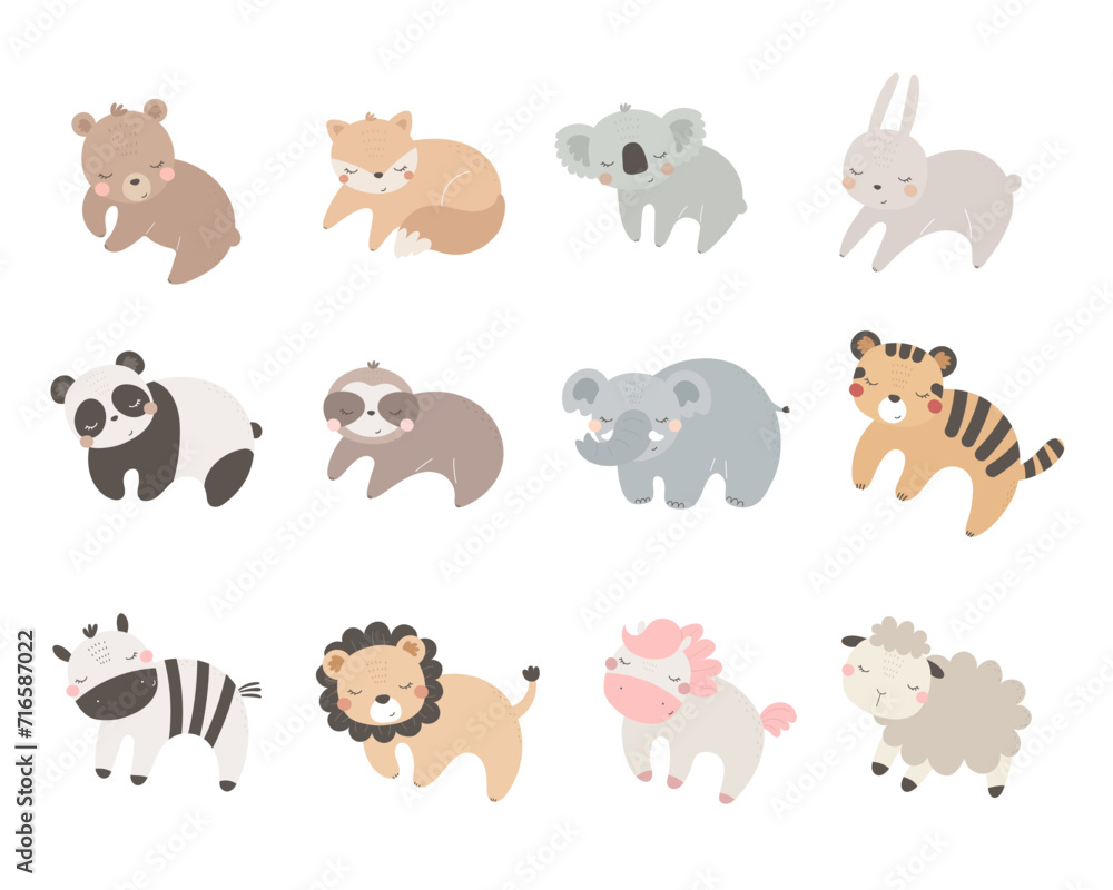 Fototapeta premium Cartoon set with cute animals. Hand drawing illustration. baby design for cards, print, poster