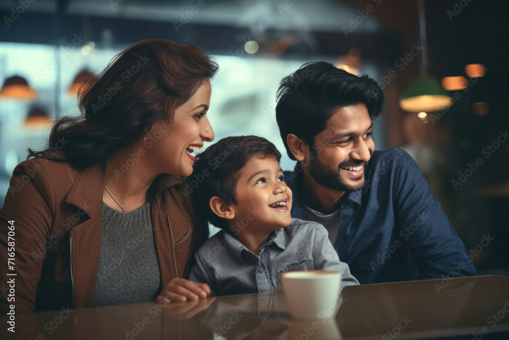 Young Indian ethnic parents and their child having fun time in a restaurant Young Indian ethnic parents and their child having fun time in a restaurant