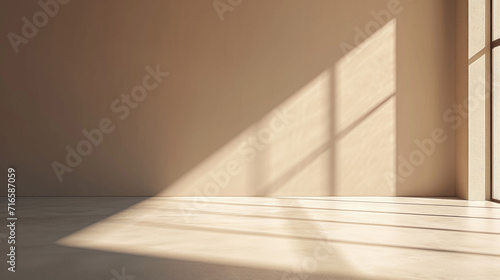 Empty room with minimalist warm taupe wall background with sun shadow for product presentation photo