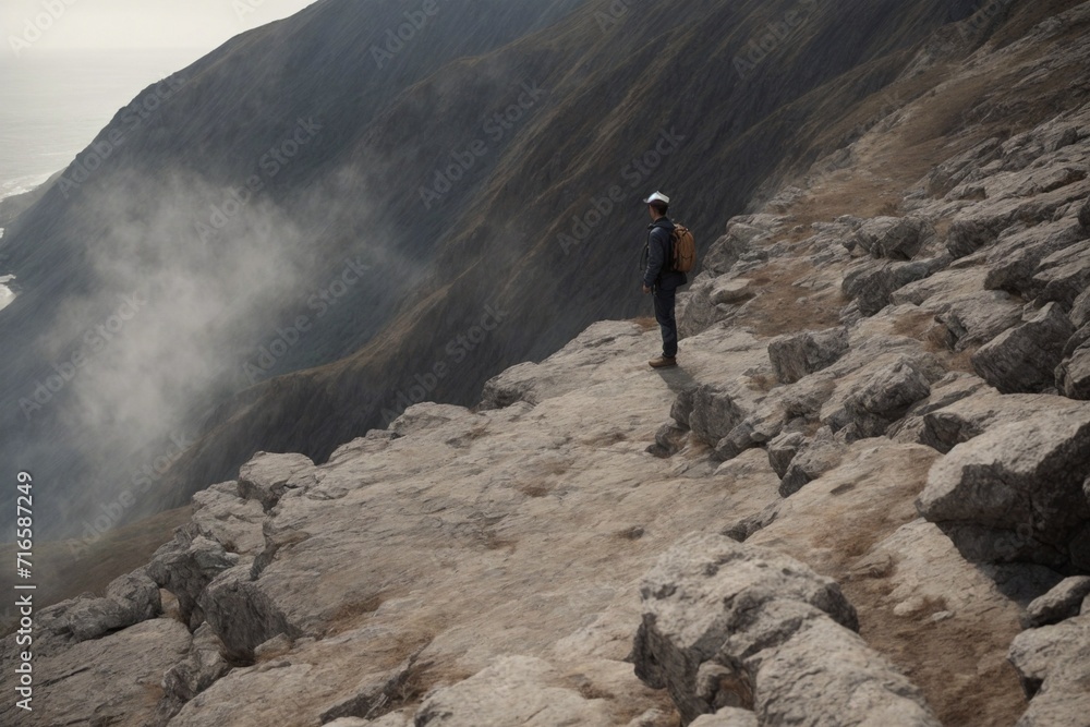 Man Standing on Top of Rocky Cliff, Majestic View of Nature. Generative AI. Man Standing on Top of Rocky Cliff, Majestic View of Nature. Generative AI.
