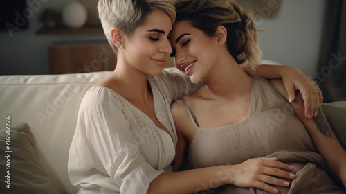 Two young beautiful women, one of them pregnant, hugging while seating on the sofa, Happy lesbian couple expecting a baby embracing each other.