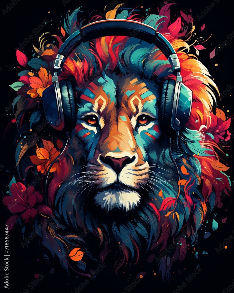 Colorful and maximalist t-shirt design featuring a lion with headphones