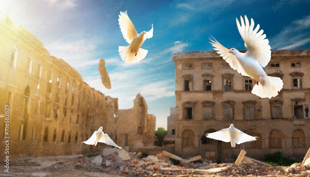 peace crisis concept white dove pigeons flying in front of collapsed ...