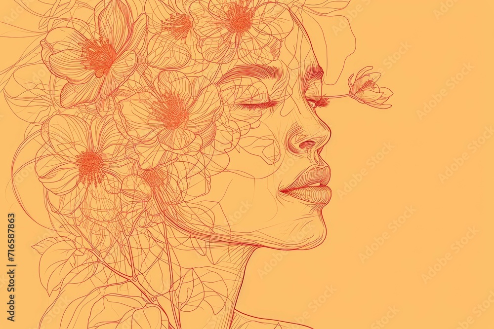 Floral Crowned Beauty: Graceful Woman in Line Art