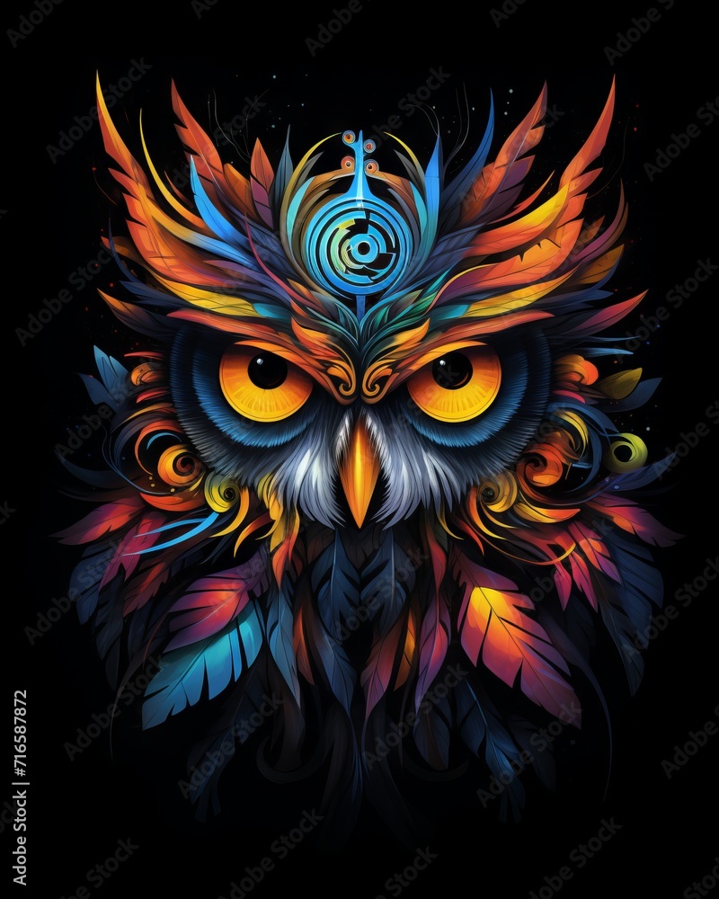 Colorful airbrush painting of an owl with yellow eyes on a black t-shirt Colorful airbrush painting of an owl with yellow eyes on a black t-shirt