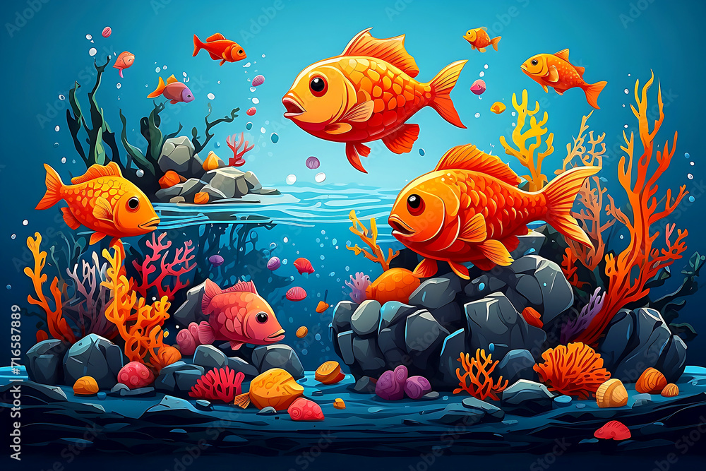 Naklejka premium Cartoonish sphere fish eating and blowing up under the sea, vector style drawing realistic.