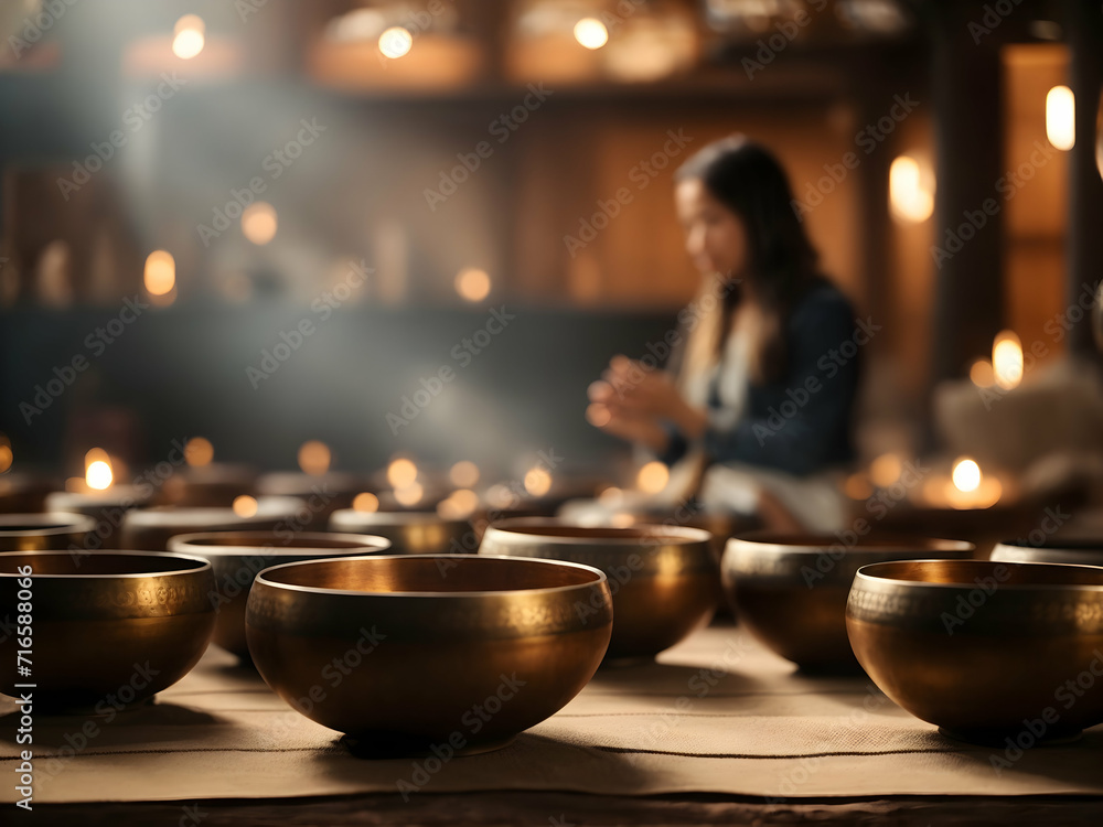 Sound Healing  Singing ritual meditation bowls with a background of a temple, a meditating girl and candles - obrazy, fototapety, plakaty 